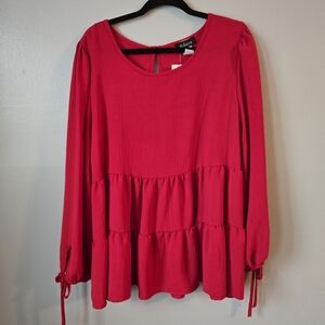 NWT Adara Red Tiered Babydoll Top Lightweight Long Sleeve Tunic Blouse Size 2X